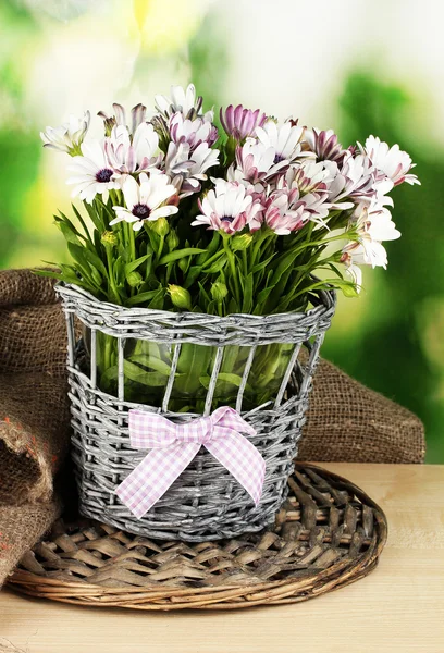Букет красивых летних цветов в плетеной вазе, на зеленом фоне — стоковое фото