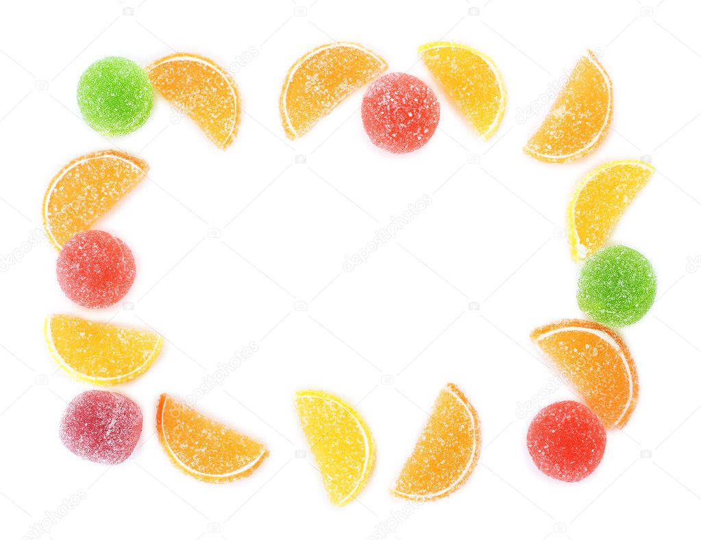 Frame of colorful jelly candies isolated on white