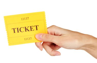 Woman's hand holding a colorful ticket on white background close-up clipart