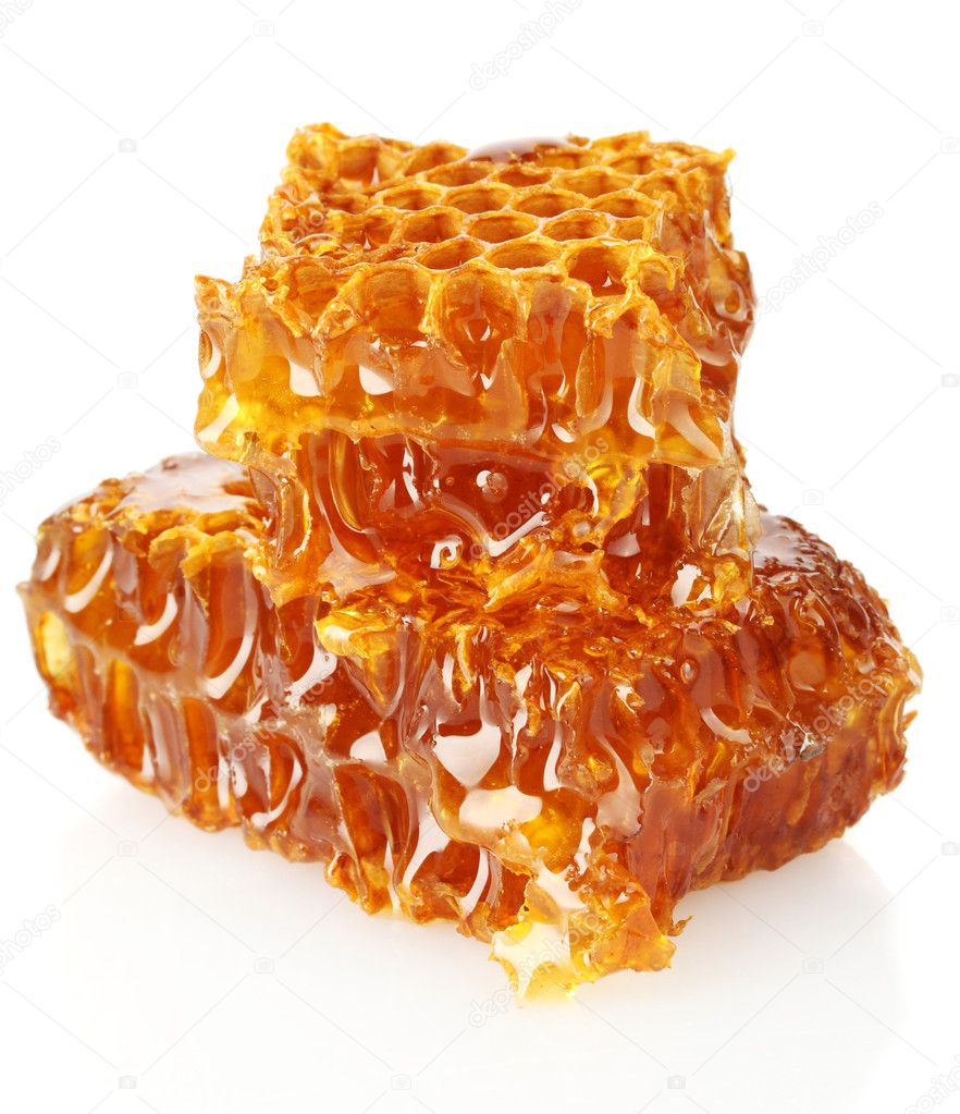 Sweet honeycombs with honey, isolated on white