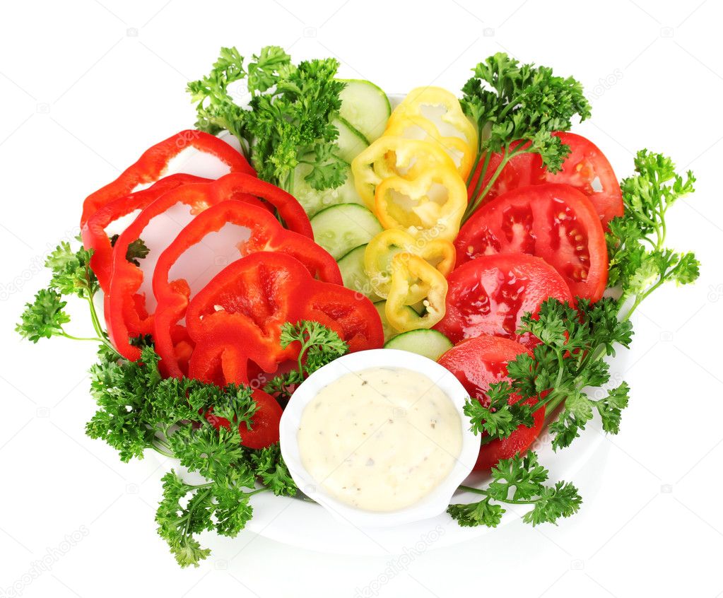 Chopped Vegetables And Sauce On Plate Isolated On White Stock