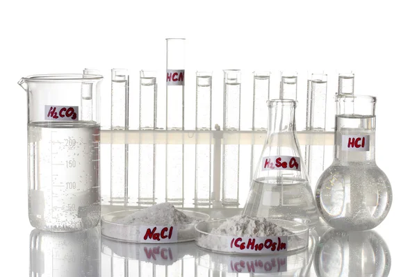 Δοκιμή-σωλήνων με διάφορα οξέα και χημικές ουσίες που απομονώνονται σε λευκό — Φωτογραφία Αρχείου