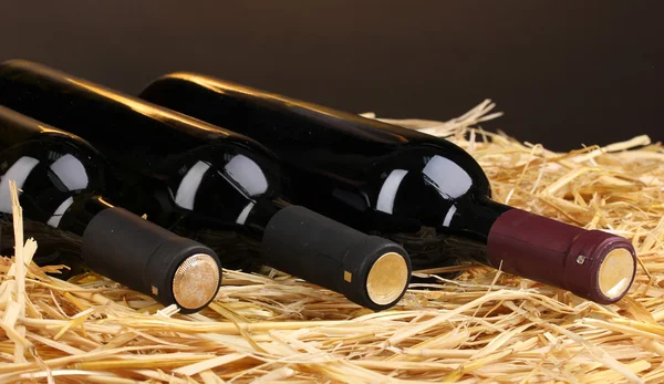 Bouteilles de grand vin sur du foin sur fond brun — Photo