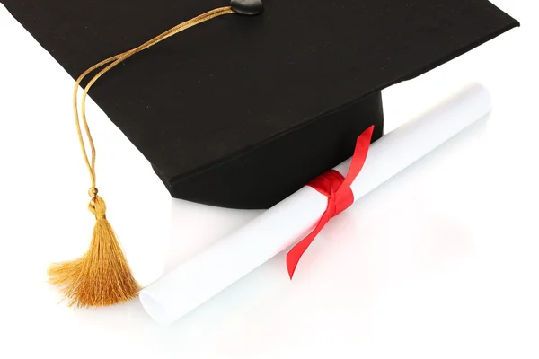Grad chapeau et diplôme isolé sur blanc — Photo