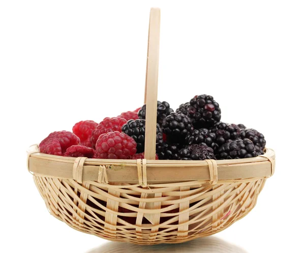 Ripe raspberries and brambles in basket isolated on white — Stock Photo, Image