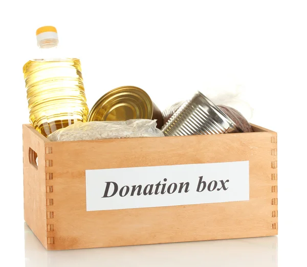 Donation box with food isolated on white — Stock Photo, Image