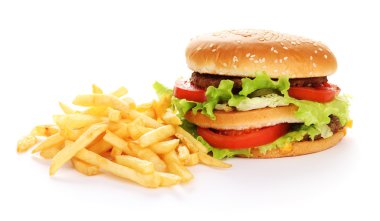 Big and tasty hamburger and fried potatoes isolated on white clipart