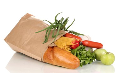 Paper bag with food isolated on white clipart