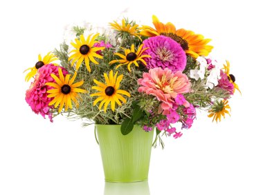 Beautiful bouquet of bright flowers in pail isolated on white clipart