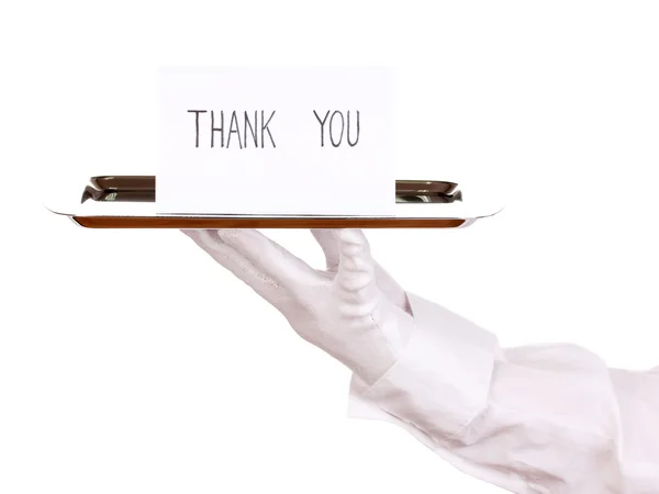 Hand in Hand mit silbernem Tablett und Karte Danke sagen isoliert auf weiß — Stockfoto