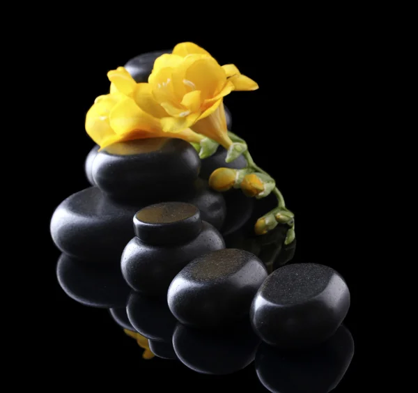 Pierres de spa et fleur jaune sur fond noir — Photo
