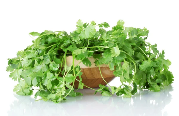 Coriander in a wooden bowl isolated on white — Stock Photo, Image