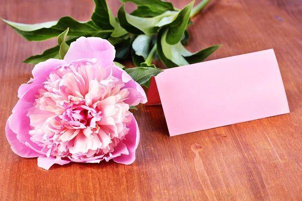 Peonía rosa con tarjeta sobre fondo de madera — Foto de Stock