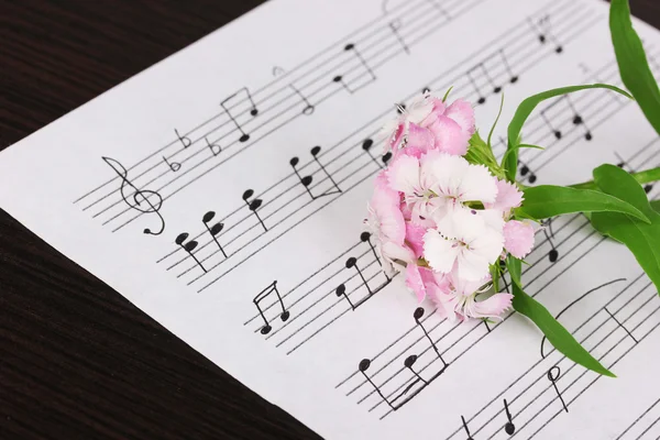 Note musicali e fiori sul tavolo di legno — Foto Stock