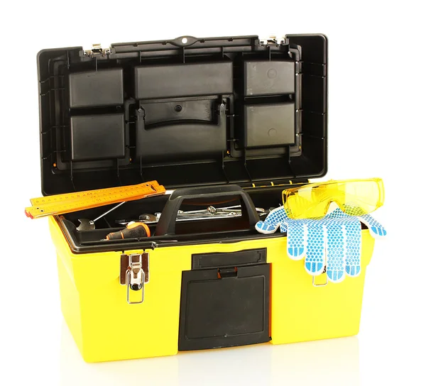 Abra a caixa de ferramentas amarela com ferramentas isoladas no fundo branco — Fotografia de Stock