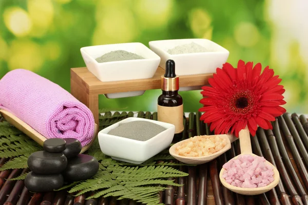 Cosmetische klei voor spa-behandelingen geïsoleerd op kleurrijke groene achtergrond — Stockfoto