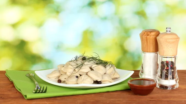 Parlak yeşil zemin üzerine tabak lezzetli pişmiş köfte — Stok fotoğraf
