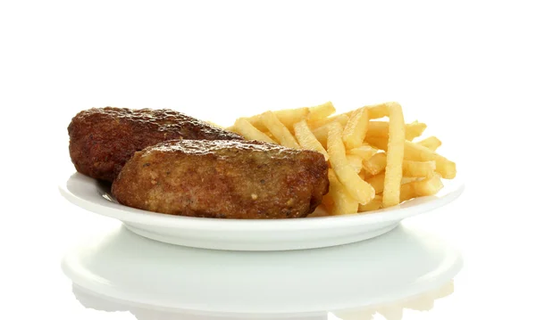 Картопляна картопля фрі з гамбургерами в тарілці ізольовані на білому крупним планом — стокове фото