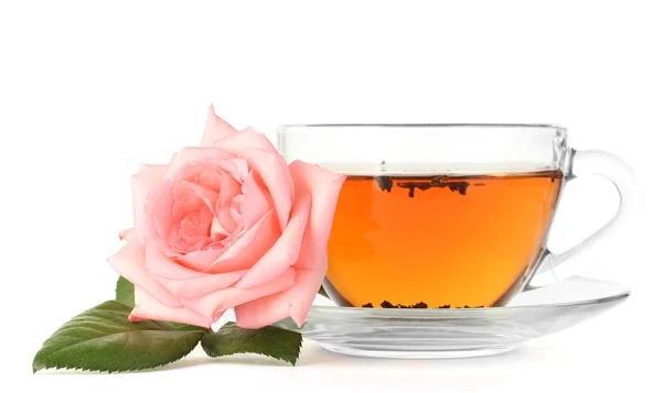 Cup of tea with rose isolated on white — Stock Photo, Image