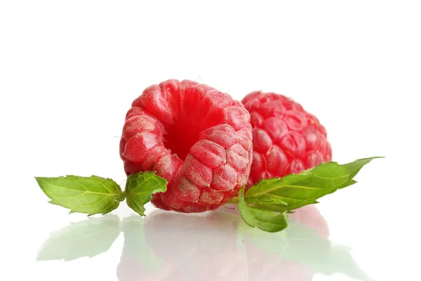 stock image Ripe raspberries with mint isolated on white