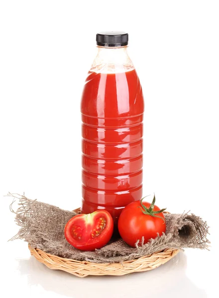 Jugo de tomate en botella sobre saco aislado sobre blanco —  Fotos de Stock