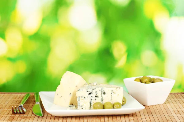 Composition of blue cheese and olives on bright green background close-up — Stock Photo, Image