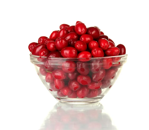 Fresh cornel berries in glass bowl isolated on white — Stock Photo, Image