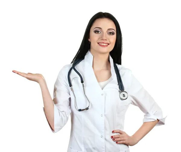 年轻漂亮的女医生用听诊器上白色隔离 — 图库照片