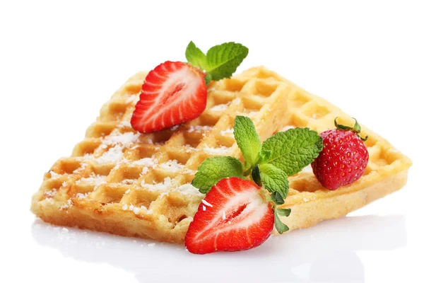 Belgium waffles with strawberries and mint isolated on white — Stock Photo, Image