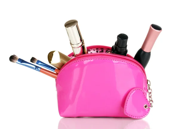 Bolsa de maquillaje con cosméticos y cepillos aislados en blanco — Foto de Stock