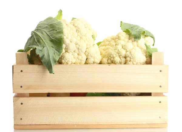 Fresh cauliflowers in wooden box isolated on white — Stock Photo, Image
