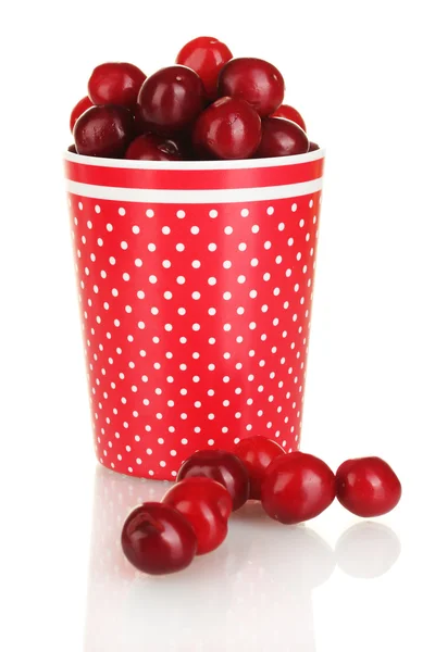 Cherries in a red polka-dot cup isolated on white — Stock Photo, Image