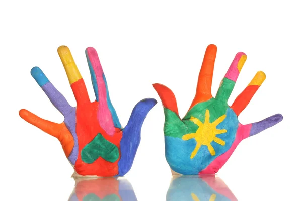 Mãos brilhantemente coloridas no fundo branco close-up — Fotografia de Stock