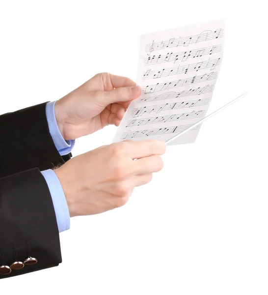 Μουσική μαέστρος χέρια με τη σκυτάλη και σημειώσεις που απομονώνονται σε λευκό — Φωτογραφία Αρχείου