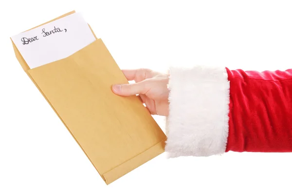 Santa Claus mano sosteniendo carta aislada en blanco — Foto de Stock