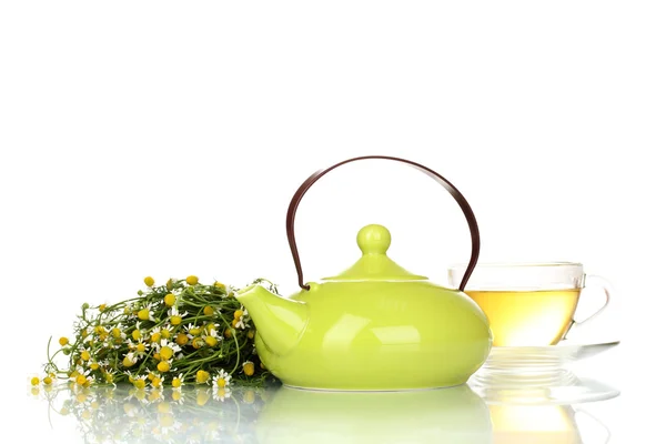 Teapot and cup with chamomile tea isolated on white — Stock Photo, Image