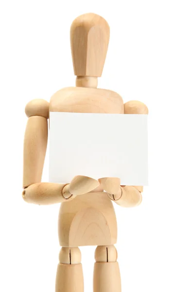Деревянный манекен с пустой бумагой, изолированной на белом — стоковое фото
