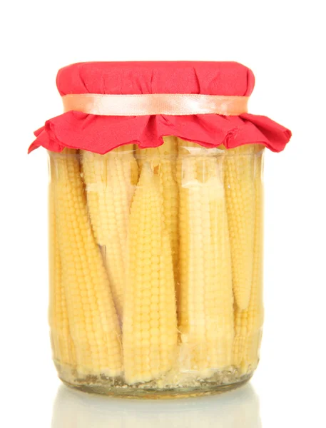 Jar with canned corn isolated on white — Stock Photo, Image