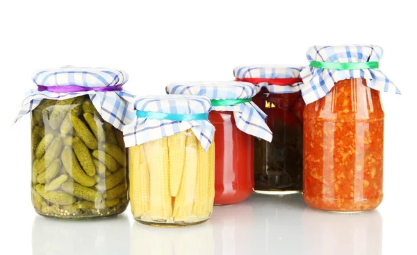 Jars with canned vegetables isolated on white — Stock Photo, Image