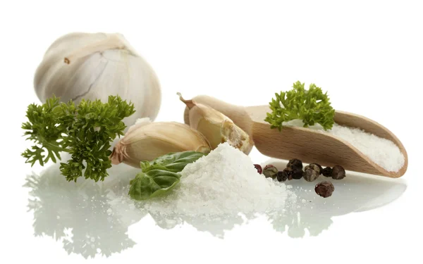 盐与新鲜 basiland 香菜、 大蒜、 辣椒上白色隔离 — 图库照片