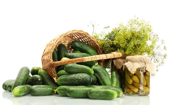Fresh cucumbers, pickles and dill in basket isolated on white — Stock Photo, Image