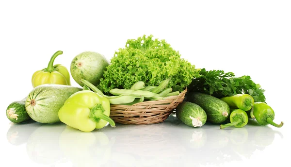 Fresh green vegetables in basket isolated on white — Stock Photo, Image