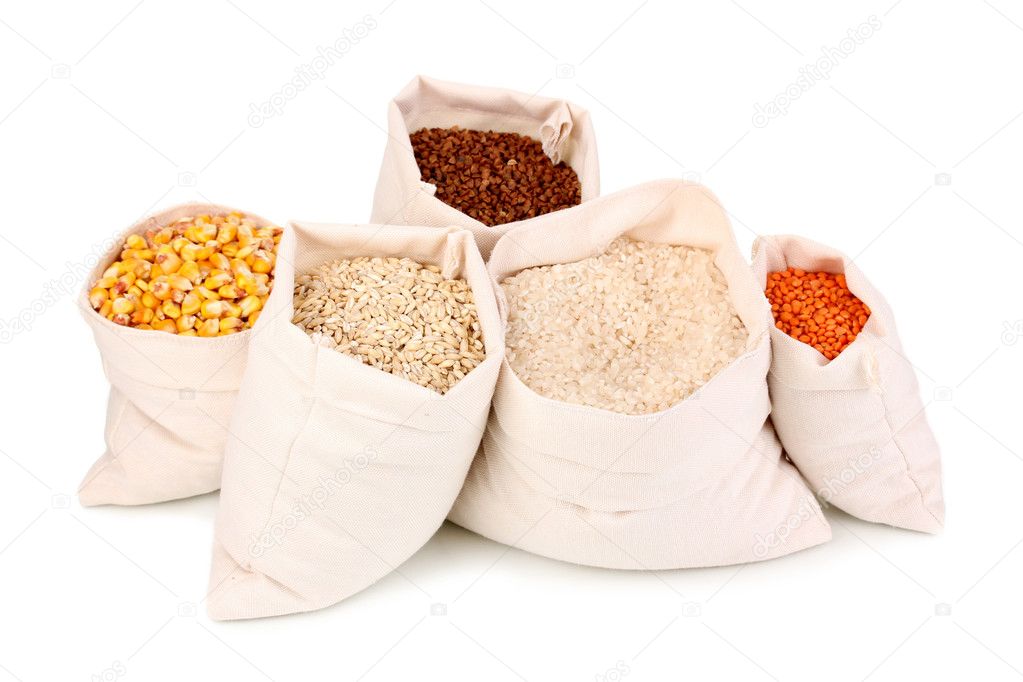 Cloth bags with grain isolated on white