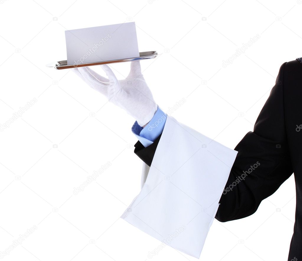 Formal waiter with menu on a silver tray isolated on white