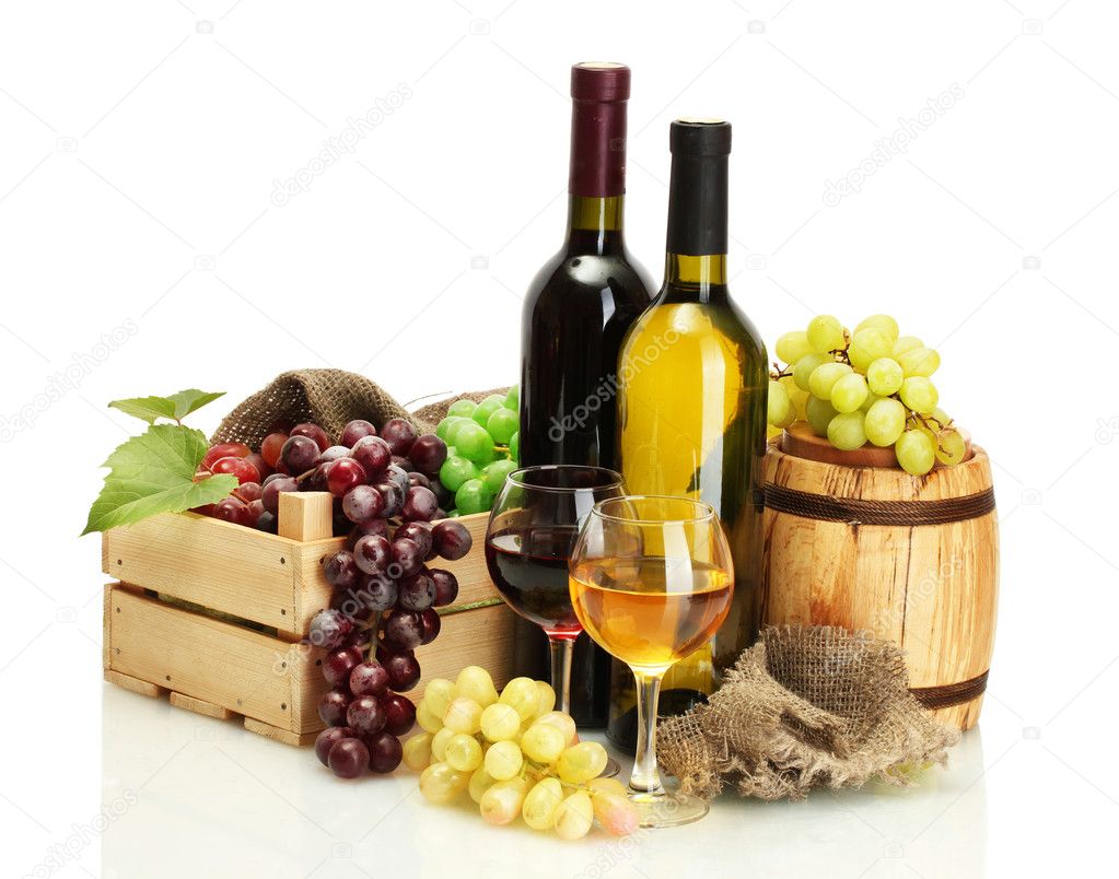 Barrel, bottles and glasses of wine and ripe grapes isolated on white