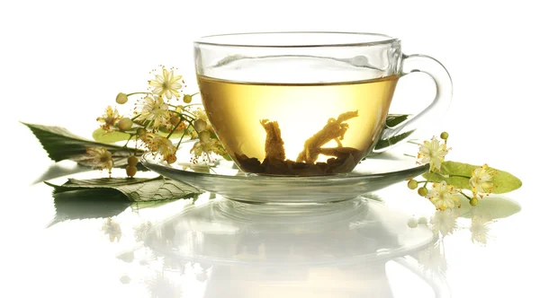 Beker van linden thee en bloemen geïsoleerd op wit — Stockfoto