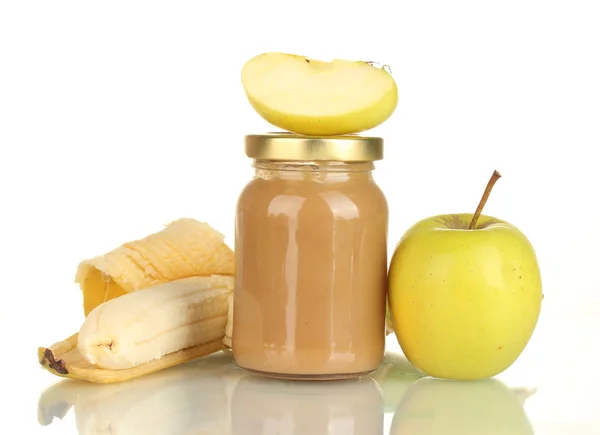 Burk med banan och äpple barnmat isolerad på vit — Stockfoto