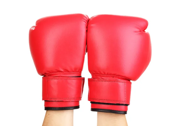 Luvas de boxe vermelho em mãos isoladas em branco — Fotografia de Stock