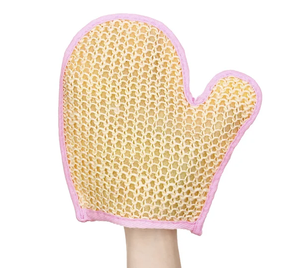 Sponges for bathing on hand isolated on white — Stockfoto