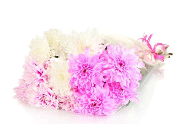 Ein Strauß heller Chrysanthemen auf weißem Hintergrund Nahaufnahme — Stockfoto